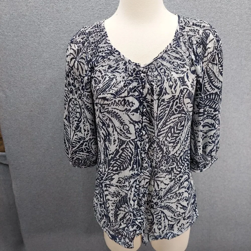 Banana Republic Womens Black‎ Floral Semisheer Puff Short Sleeve Blouse SZ Small
